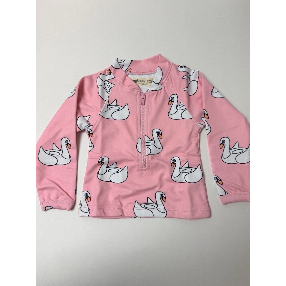 Monica + Andy Baby Girl 3-6 Month Pink White Rashguard Swim Top Shirt Swans Size